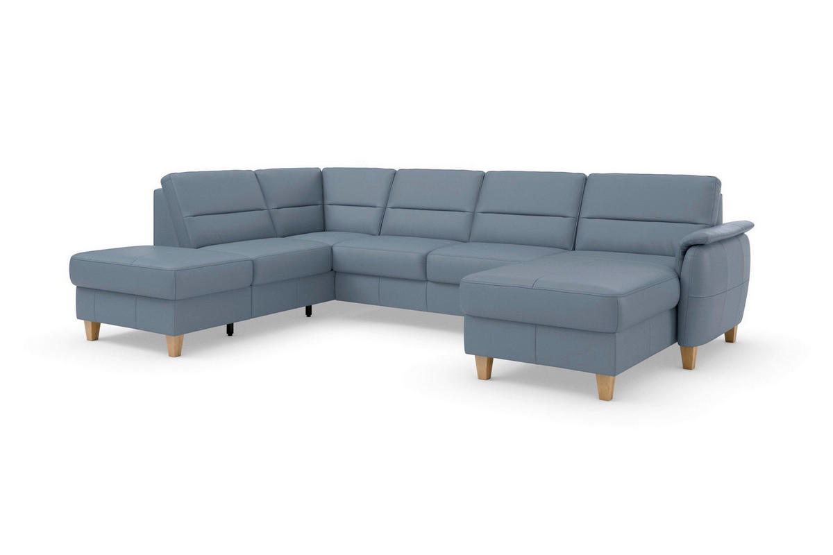 WOHNLANDSCHAFT PALMERA E in Echtleder Graublau  - Graublau/Eichefarben, Basics, Leder/Holz (212/308/163cm) - Sit & More