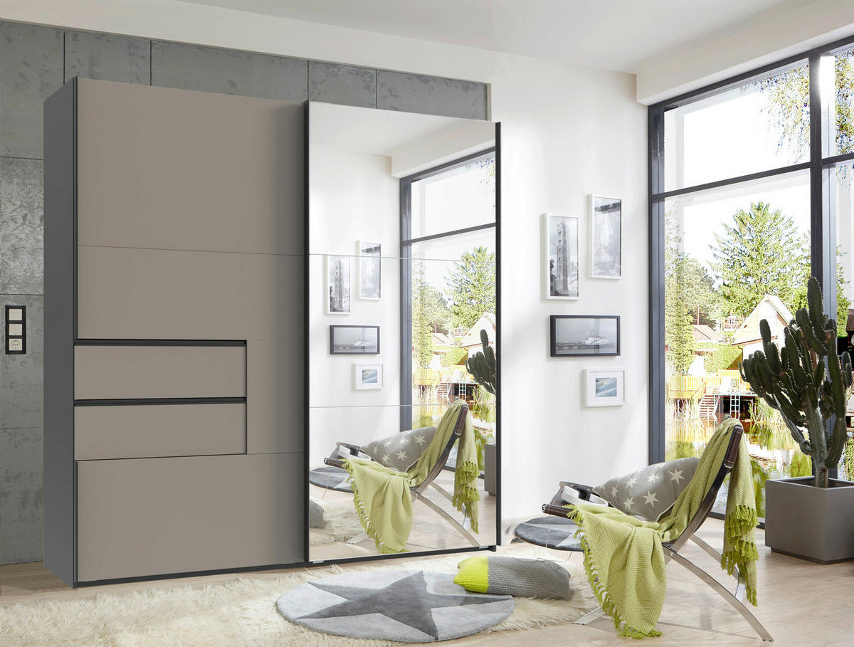 SCHWEBETÜRENSCHRANK 2-türig Graphitfarben, Grau  - Schwarz/Graphitfarben, Design, Glas/Holzwerkstoff (200/216/65cm) - Stylife