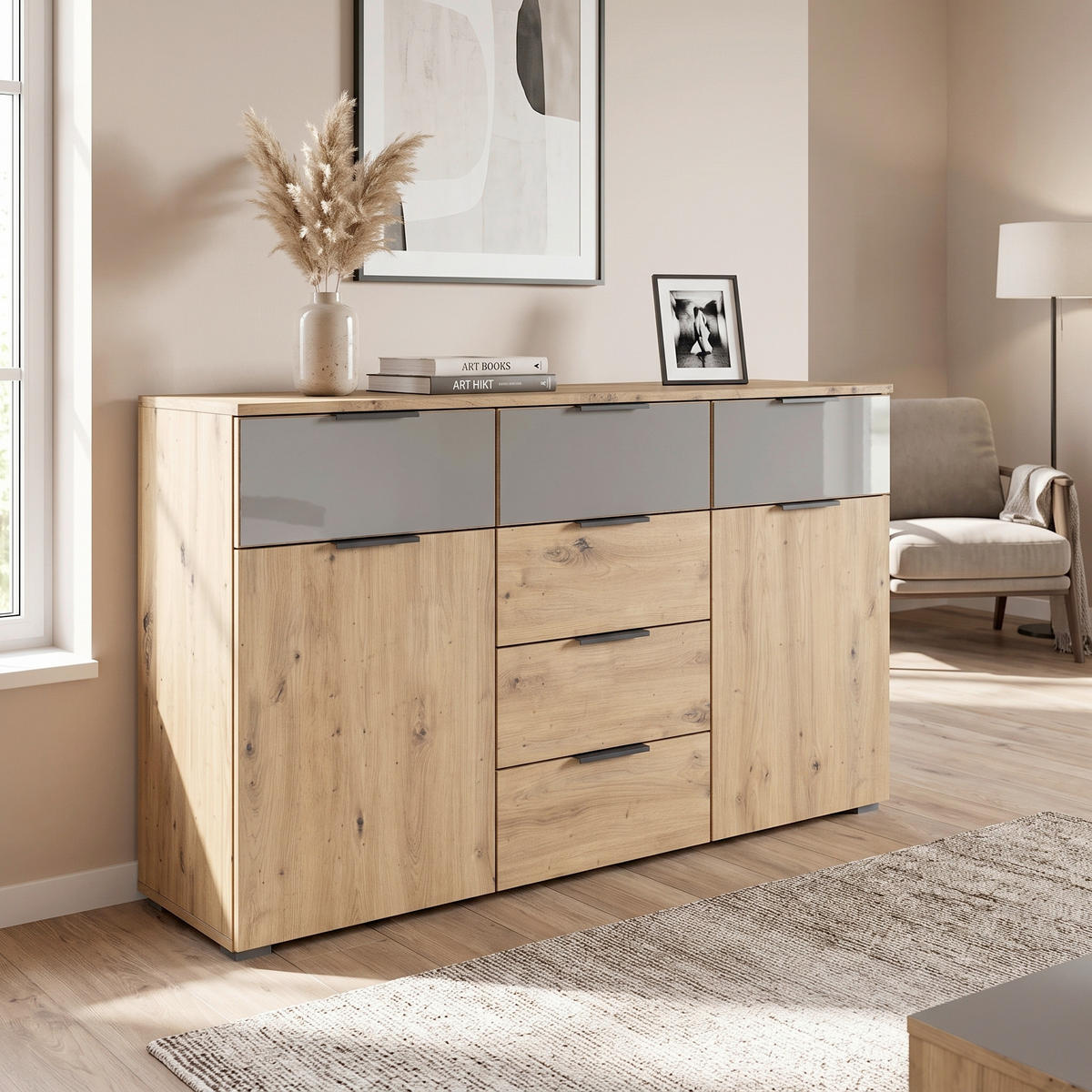 SIDEBOARD  120/81/42 cm 6 låda(or)  - aluminiumfärg/ek Artisan, Modern, metall/trämaterial (120/81/42cm) - Rauch Möbel