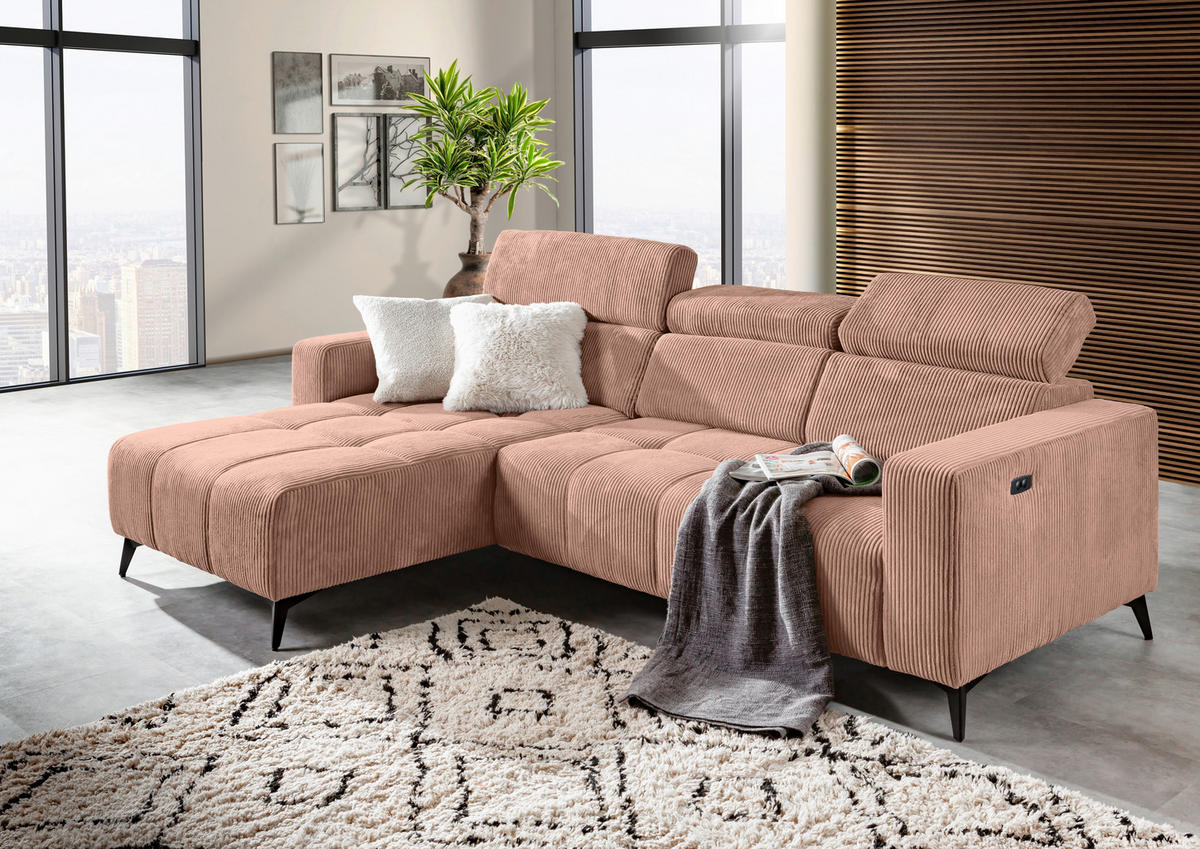 ECKSOFA Altrosa Cord Rücken echt, Kopfteilverstellung, Sitzvorzug  - Schwarz/Altrosa, KONVENTIONELL, Textil/Metall (170/257cm) - Carryhome