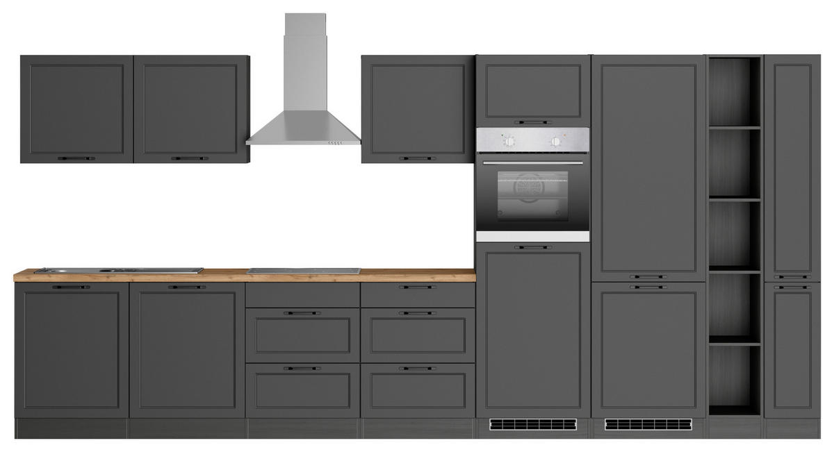 KÜCHENBLOCK 420 cm   in Grau, Eiche Wotan  - Eiche Wotan/Schwarz, Lifestyle, Holzwerkstoff/Metall (420cm) - Held