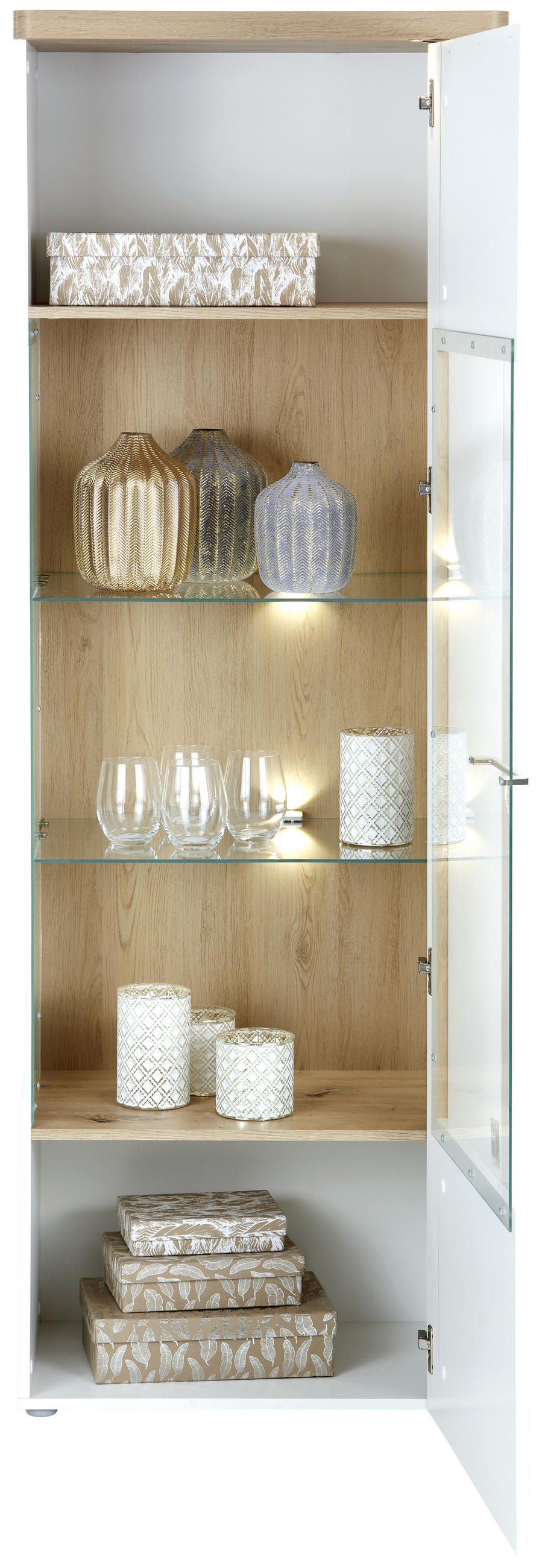 VITRINE in Eichefarben, Weiß Hochglanz  - Chromfarben/Eichefarben, MODERN, Glas/Holzwerkstoff (66,5/196/43,2cm)