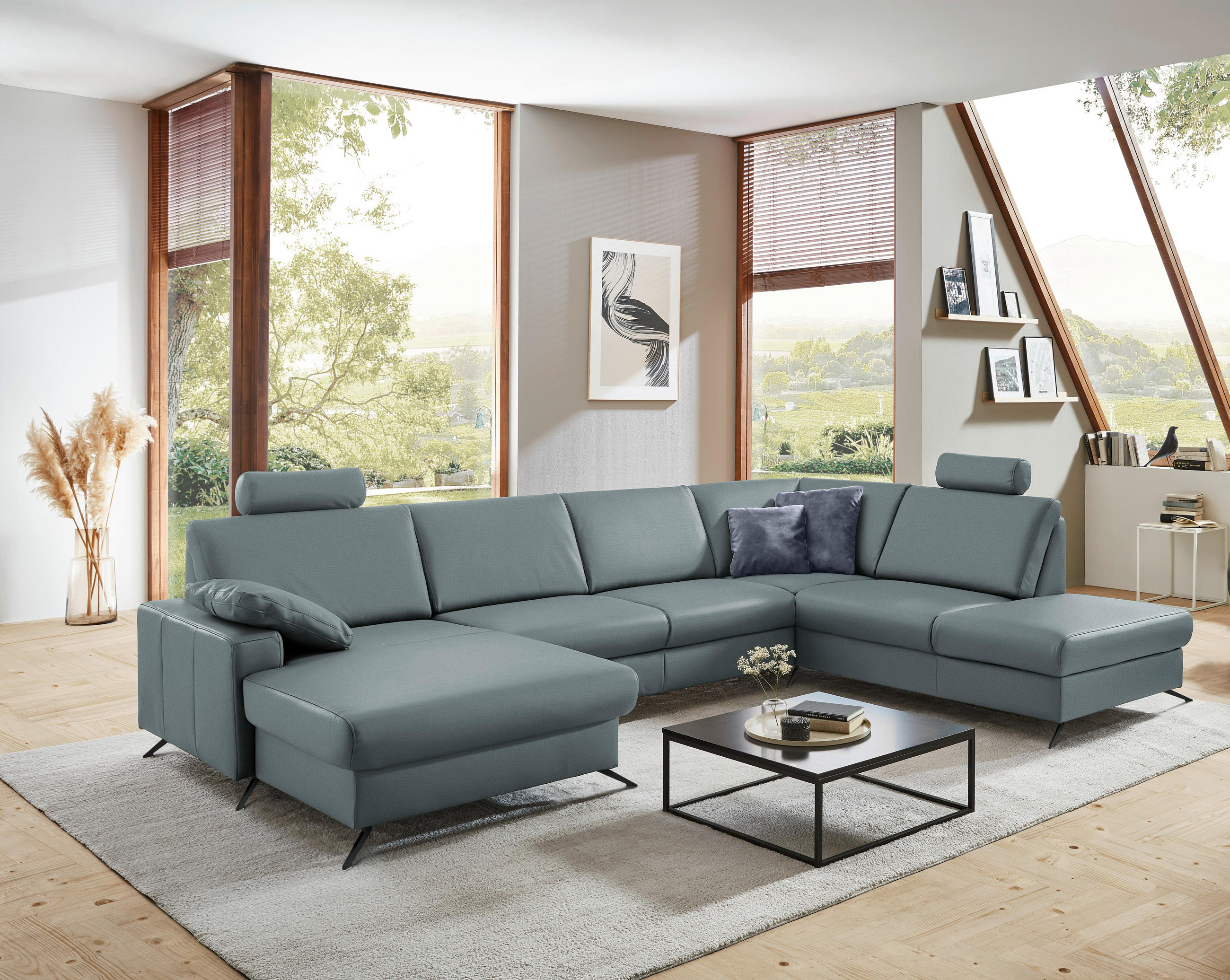 WOHNLANDSCHAFT in Echtleder Blaugrau  - Blaugrau/Schwarz, Design, Leder/Metall (165/339/233cm) - Beldomo Premium