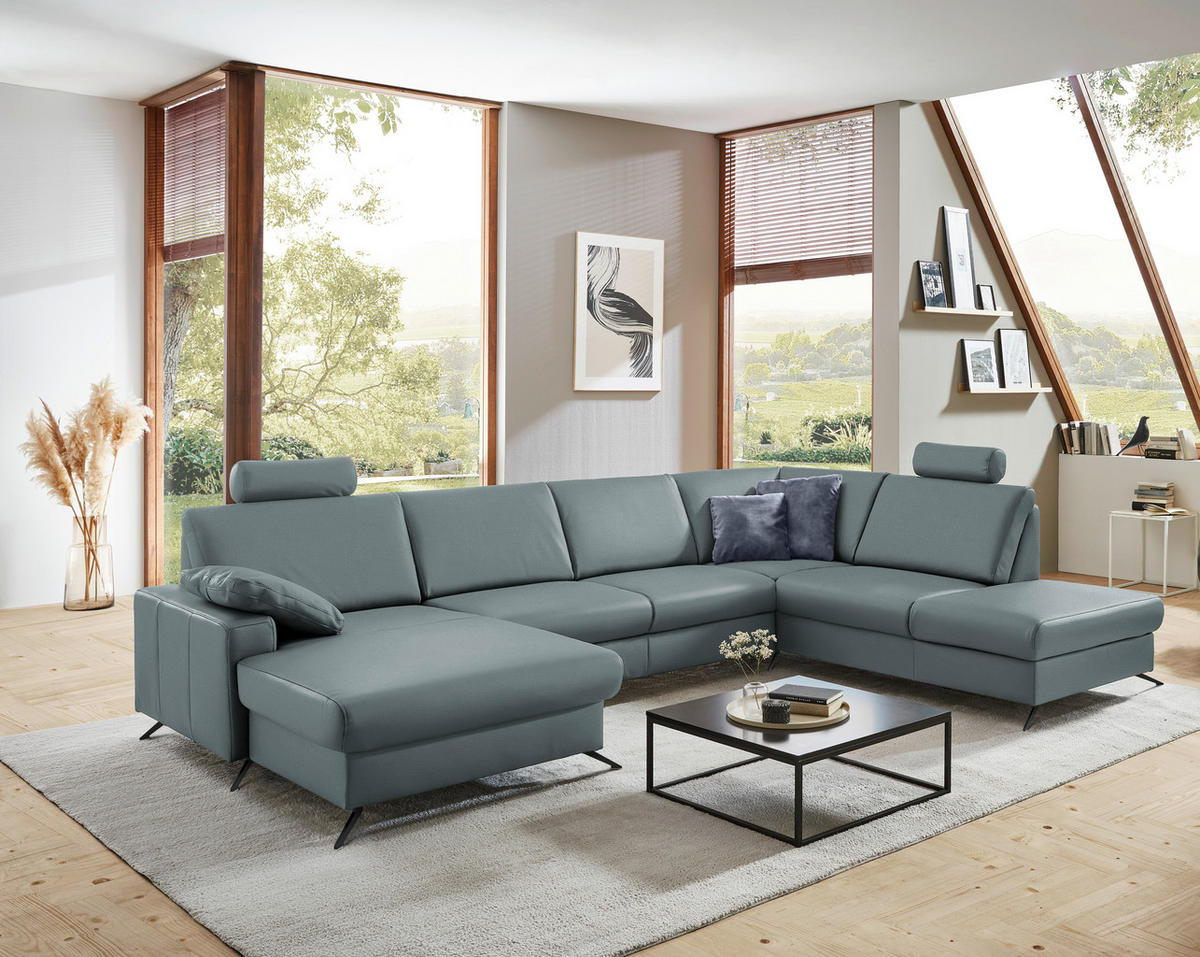 WOHNLANDSCHAFT in Echtleder Blaugrau  - Blaugrau/Schwarz, Design, Leder/Metall (165/339/233cm) - Beldomo Premium