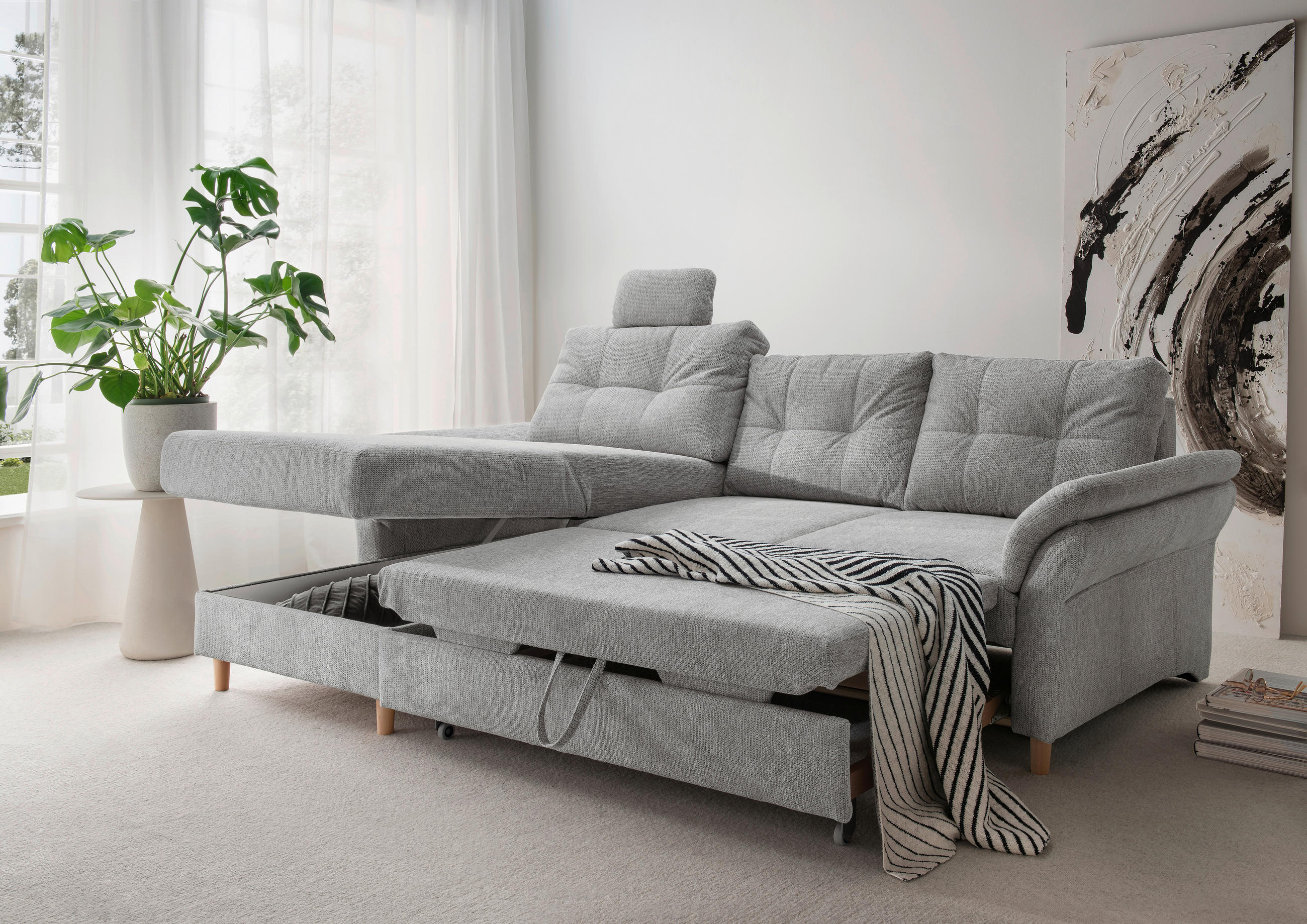 ECKSOFA in Chenille Silberfarben - Silberfarben/Naturfarben, Modern, Holz/Textil (176/250cm) - Livetastic