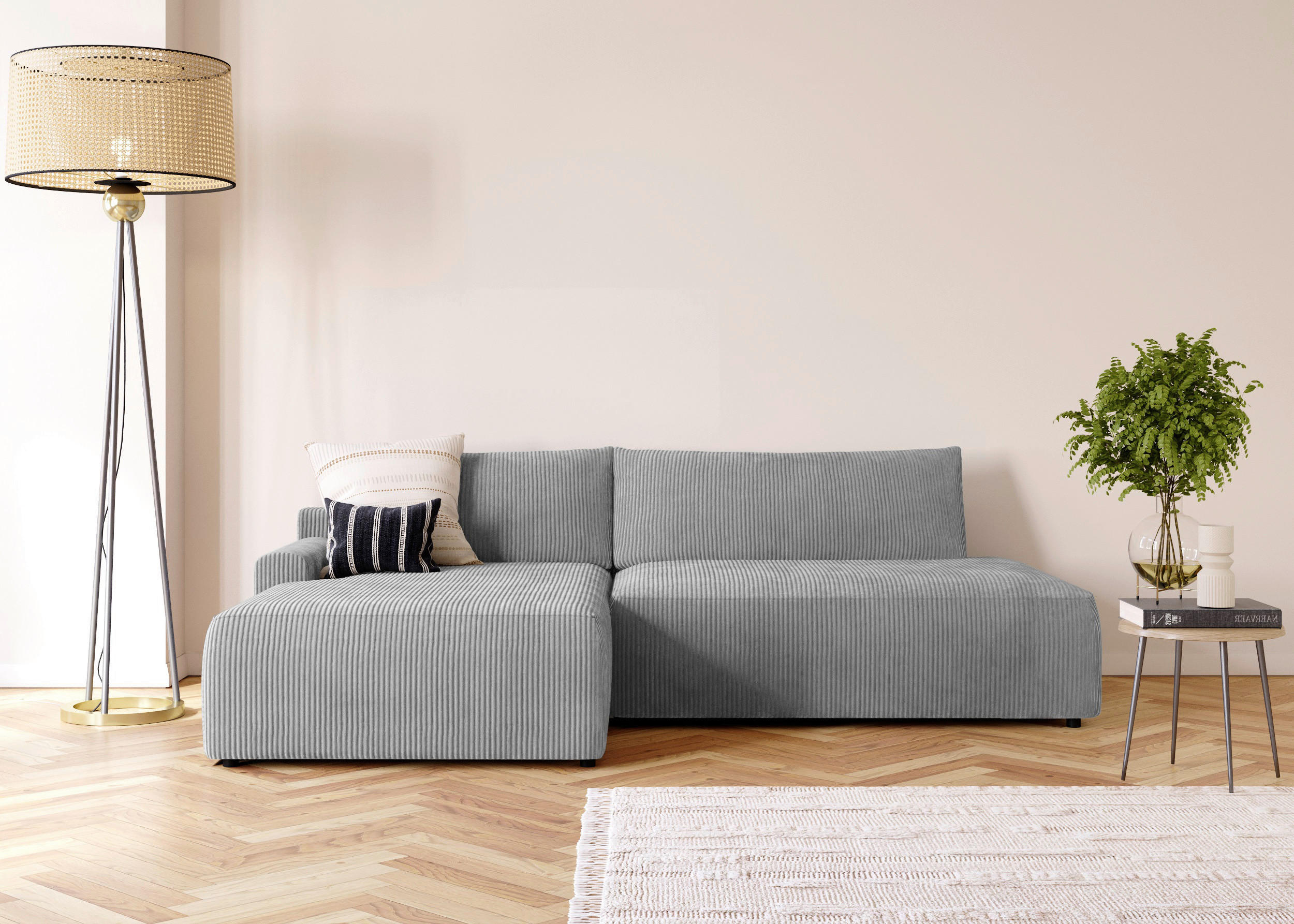 ECKSCHLAFSOFA in Cord Dunkelgrau  - Dunkelgrau/Schwarz, Modern, Kunststoff/Textil (167/253cm) - Trendmanufaktur