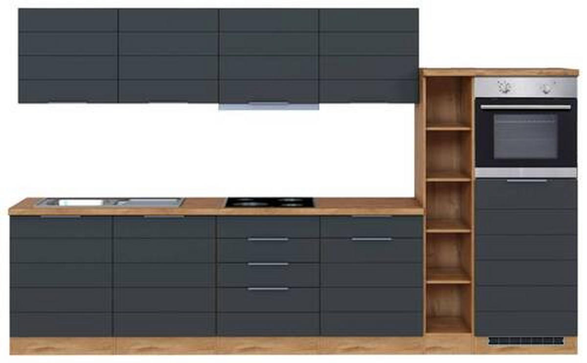 KÜCHENBLOCK 330 cm   in Grau, Eiche Wotan  - Eiche Wotan/Grau, Design, Holzwerkstoff/Metall (330cm) - Held