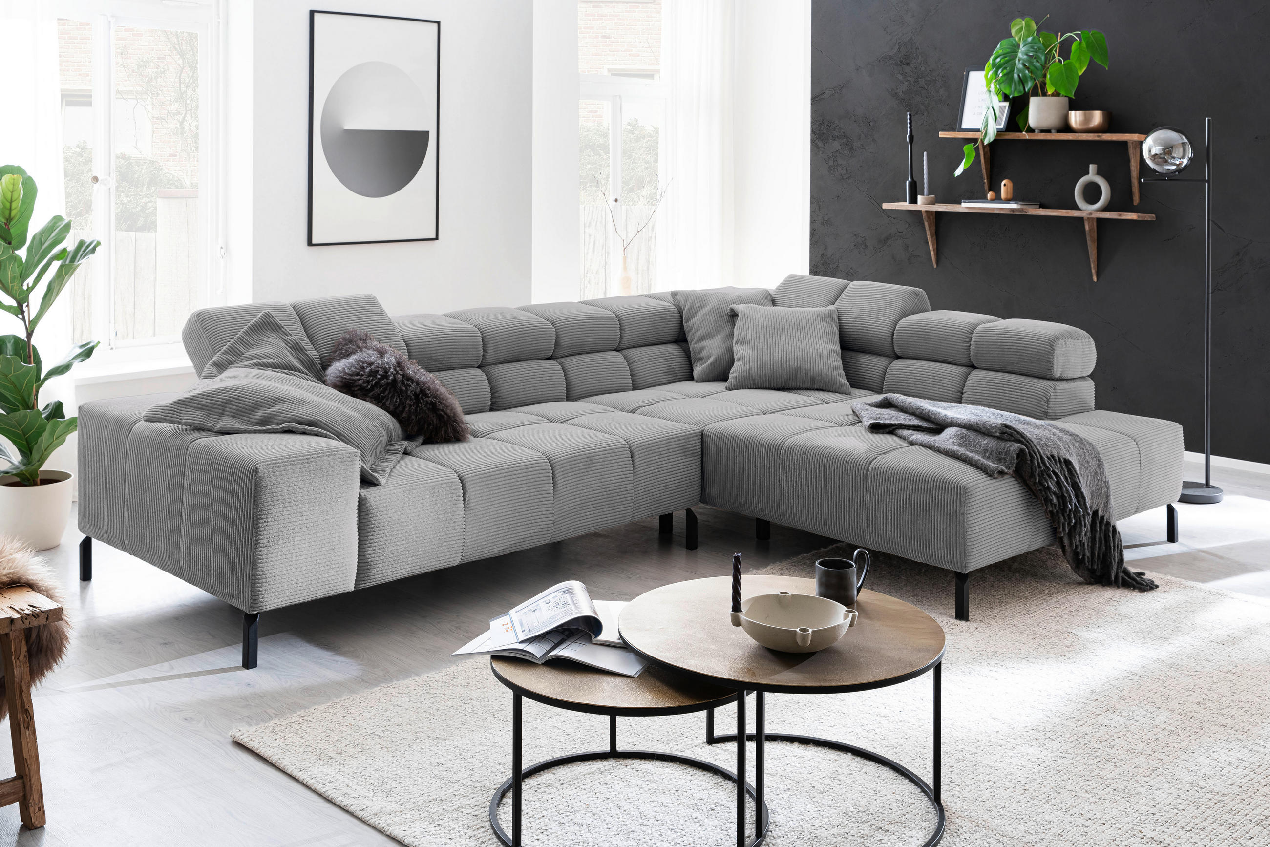 ECKSOFA inkl. Sitzvorzug Dunkelgrau Cord  - Dunkelgrau/Schwarz, Design, Textil/Metall (321/216cm) - Hom`in