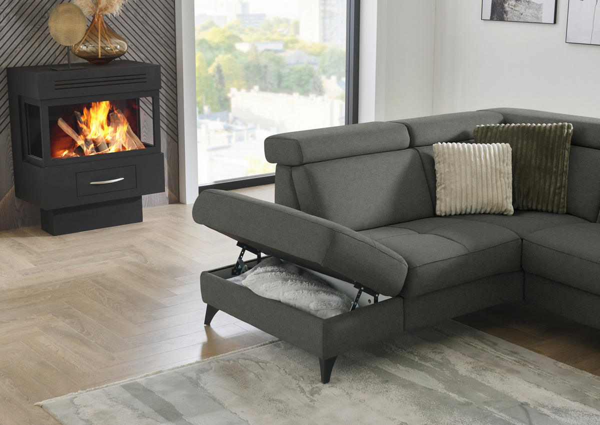 ECKSOFA Flachgewebe Dunkelgrau  - Dunkelgrau/Schwarz, Konventionell, Textil/Metall (214/276cm) - Beldomo System