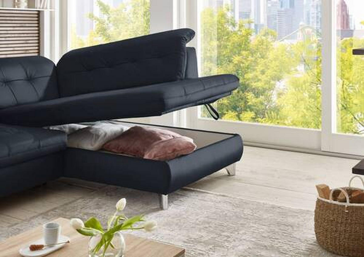 ECKSOFA in Echtleder Dunkelblau  - Alufarben/Dunkelblau, Design, Leder/Metall (309/211cm) - Beldomo Speed