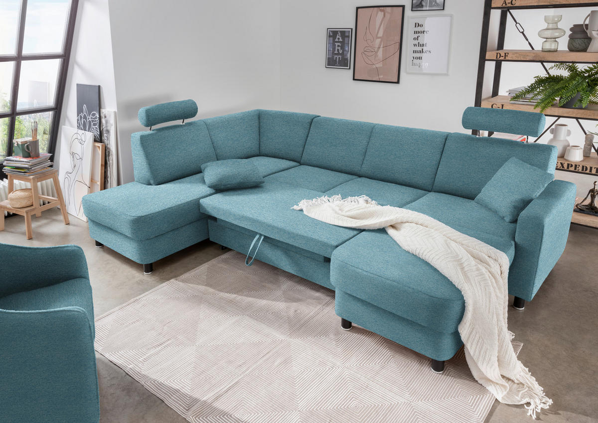 WOHNLANDSCHAFT in Webstoff Hellblau  - Schwarz/Hellblau, Design, Holz/Textil (198/296/165cm) - Xora