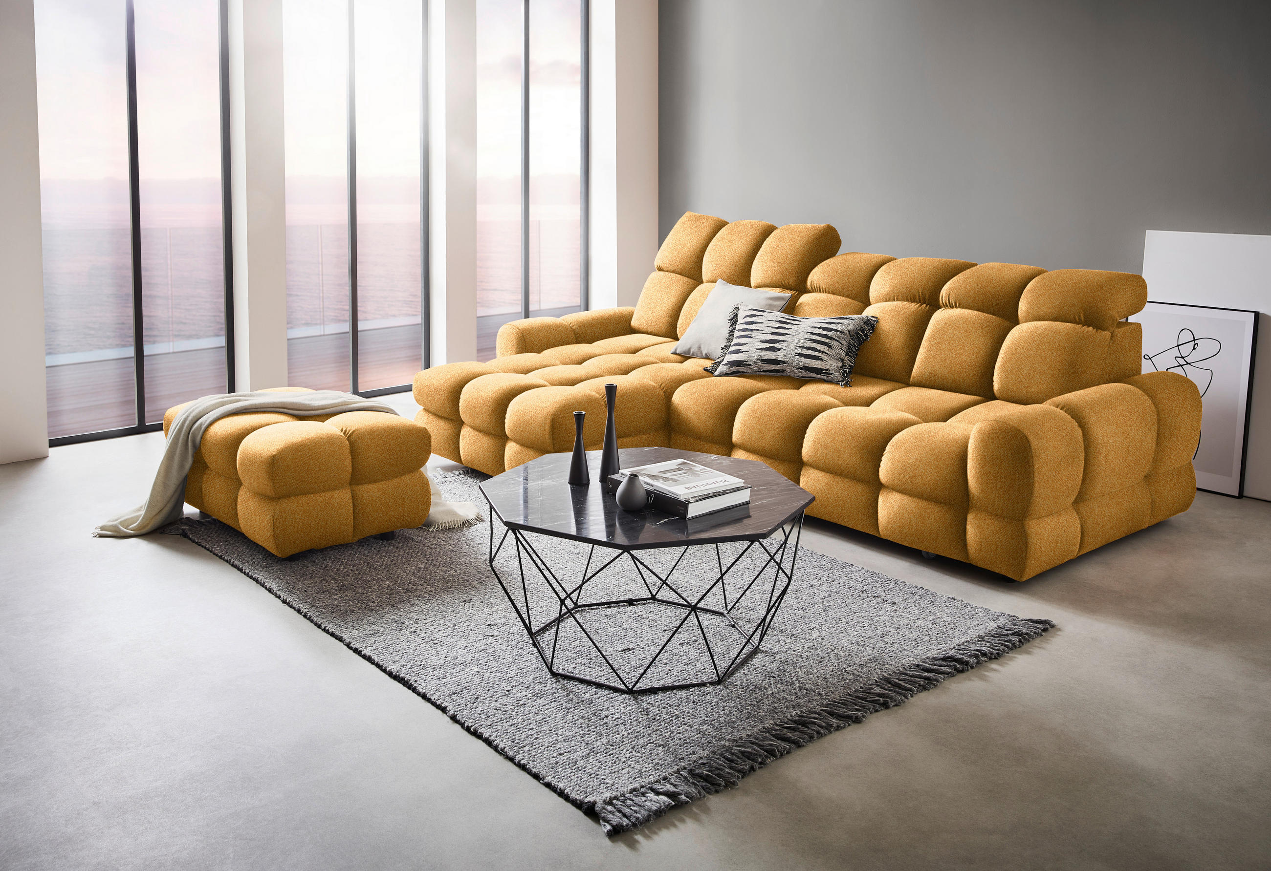 HÖRNSOFFA i velour currygul  - currygul/svart, Design, textil/plast (178/283cm) - Welnova