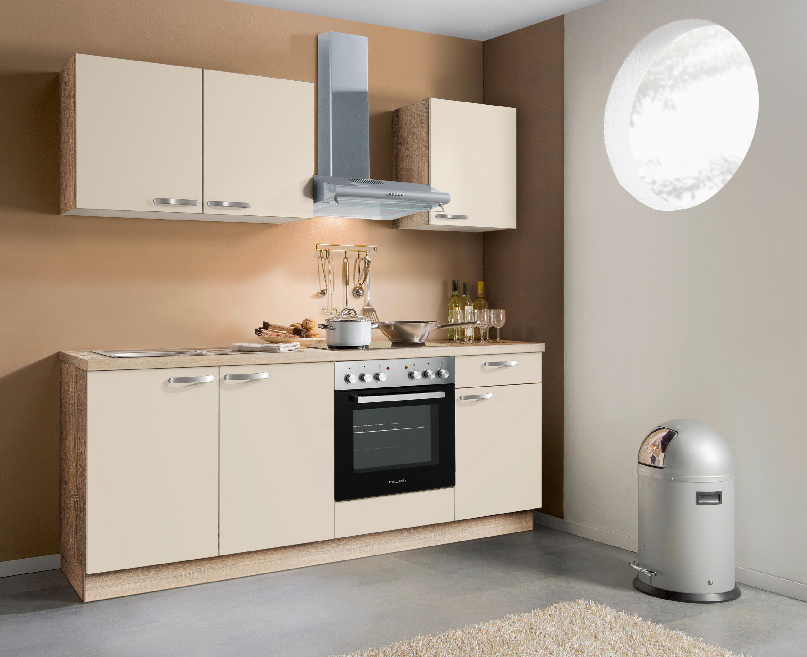 KÜCHENBLOCK 200 cm   in Creme, Eichefarben  - Edelstahlfarben/Eichefarben, KONVENTIONELL, Holzwerkstoff/Metall (200cm) - Express