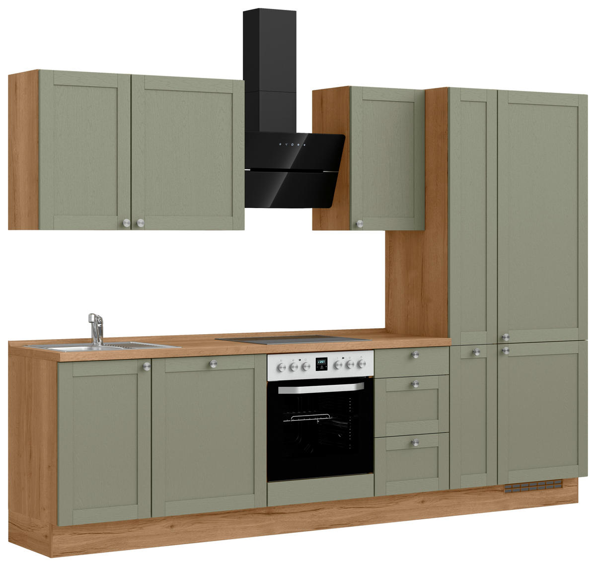 KÜCHENBLOCK Frame 300 cm  in Eichefarben, Olivgrün  - Edelstahlfarben/Eichefarben, MODERN, Holzwerkstoff/Metall (300cm) - Nobilia