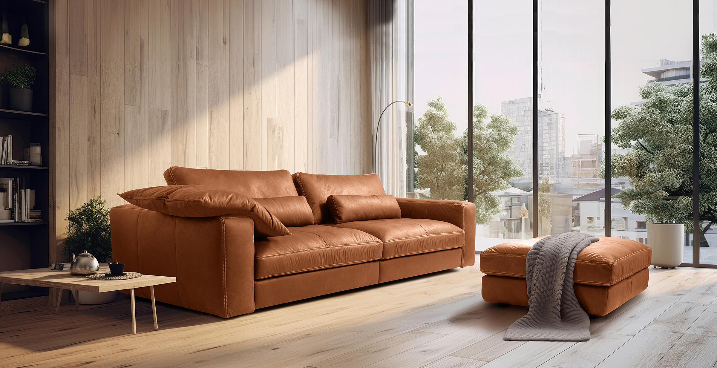 3-SITZER-SOFA  in Echtleder Karamell   - Beige/Karamell, Design, Leder/Kunststoff (300/85/123cm) - Livetastic