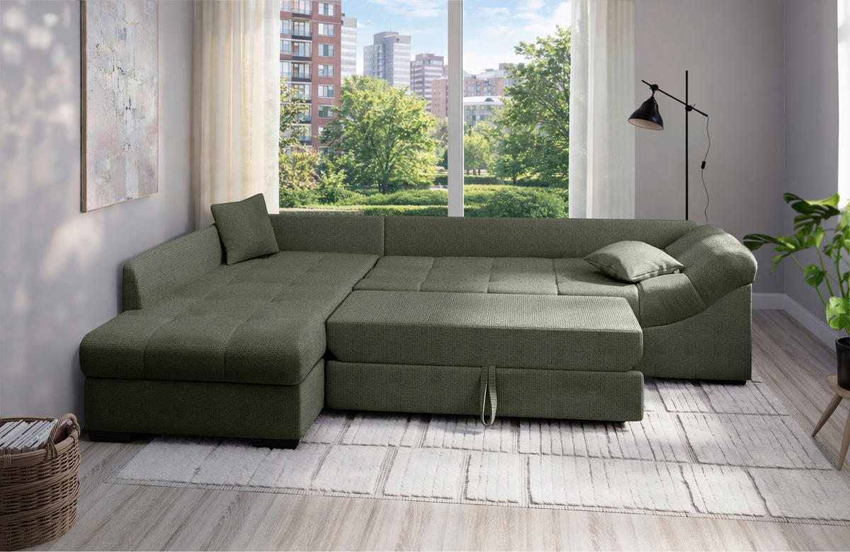 ECKSCHLAFSOFA Alvito Dunkelgrün Chenille  - Dunkelgrün/Schwarz, MODERN, Holz/Textil (202/298cm) - MID.YOU
