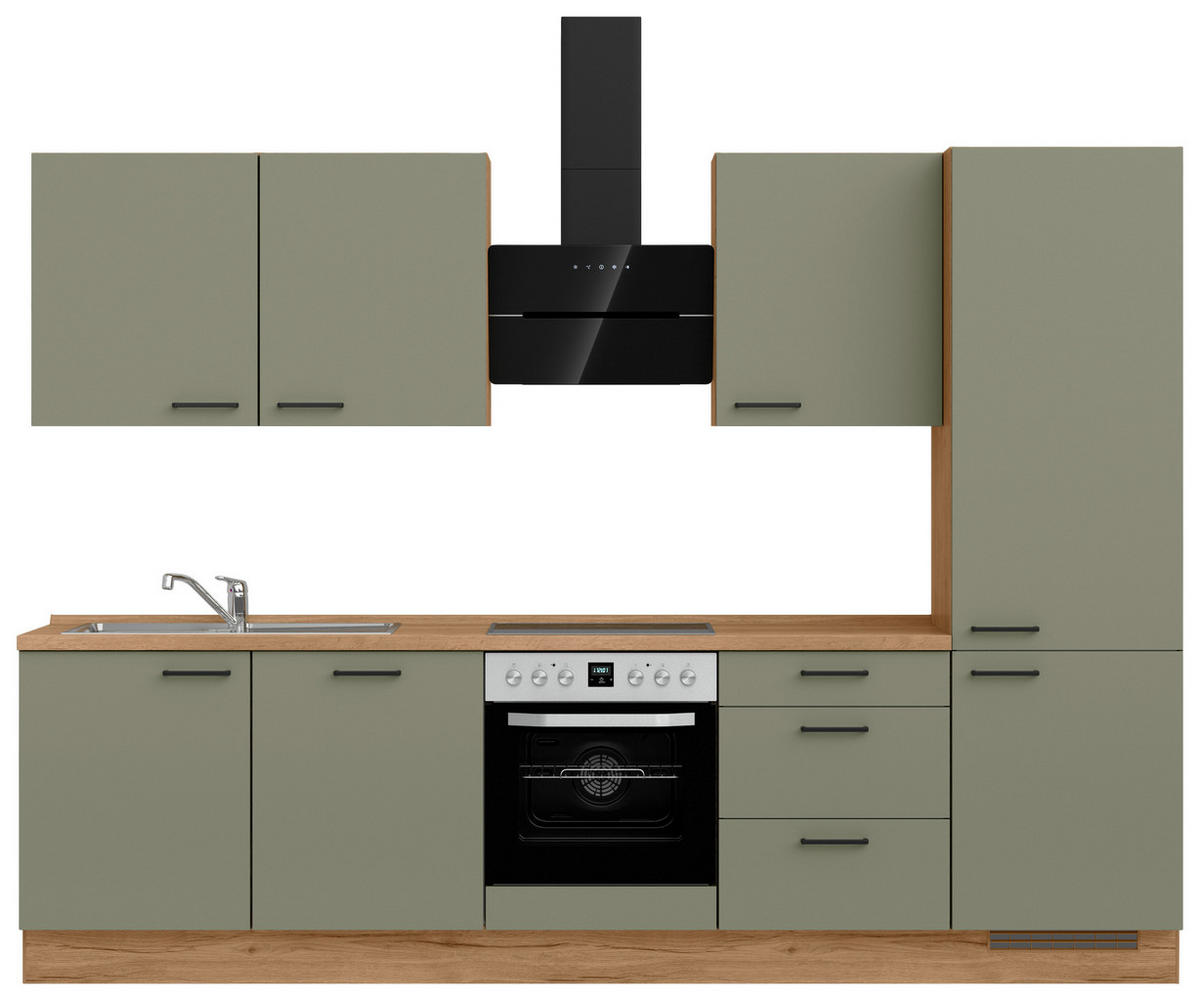 KÜCHENBLOCK Senso 300 cm  in Eichefarben, Olivgrün  - Eichefarben/Schwarz, MODERN, Holzwerkstoff/Metall (300cm) - Nobilia