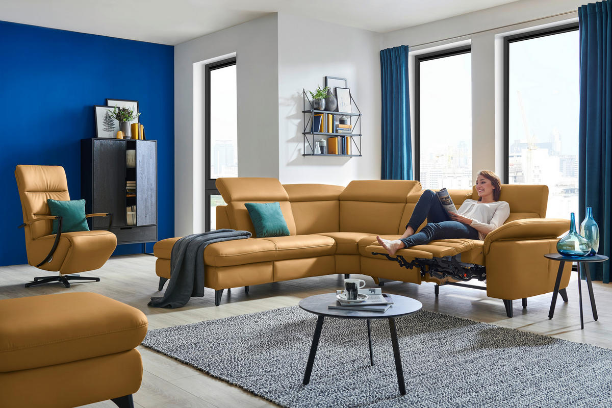 ECKSOFA in Echtleder Cognac  - Cognac/Schwarz, Design, Leder/Metall (239/285cm) - Cantus