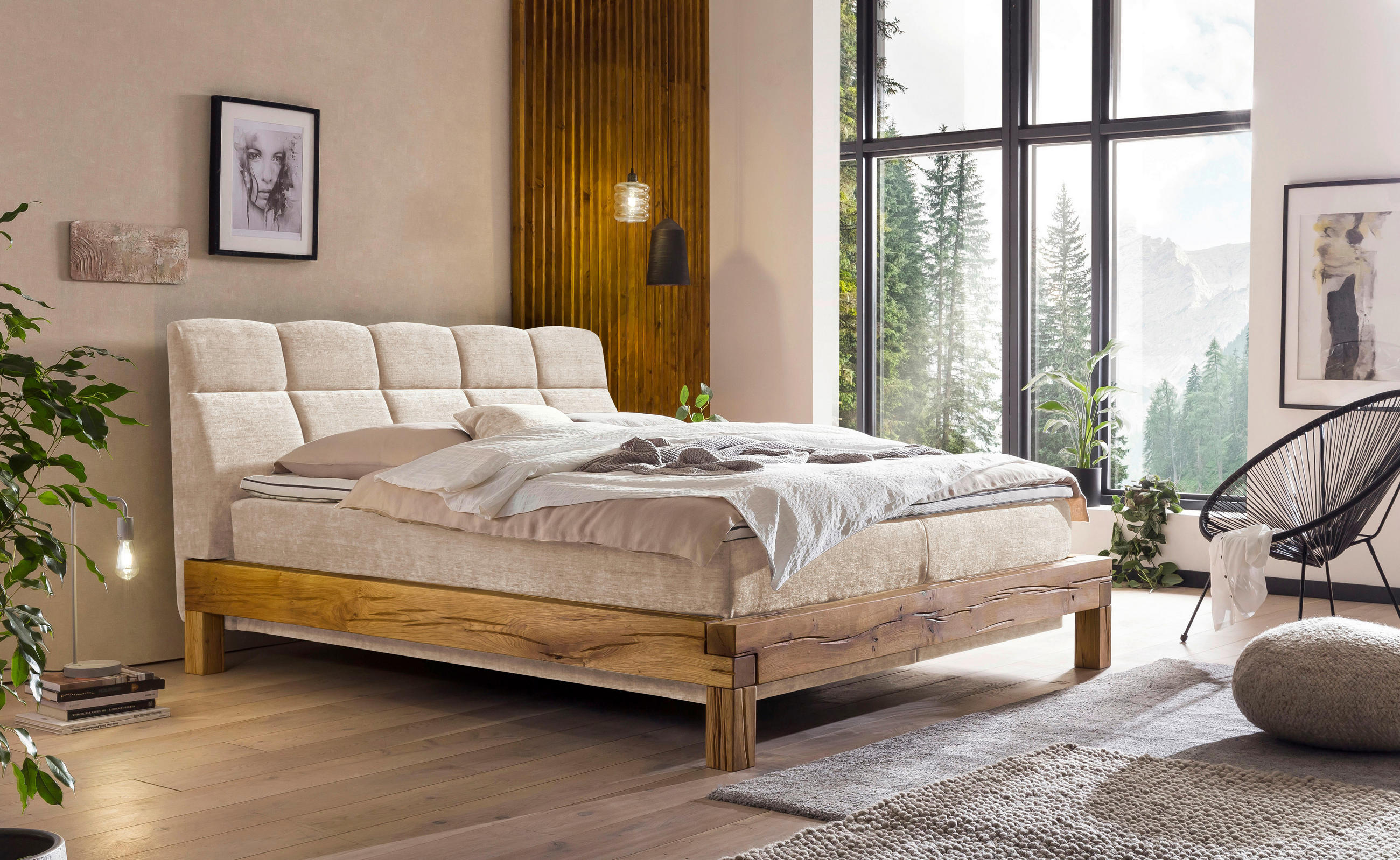 BOXSPRING-ÁGY 180/200 cm  bézs  - bézs/bükk, Natur, textil/fa (180/200cm) - Livetastic