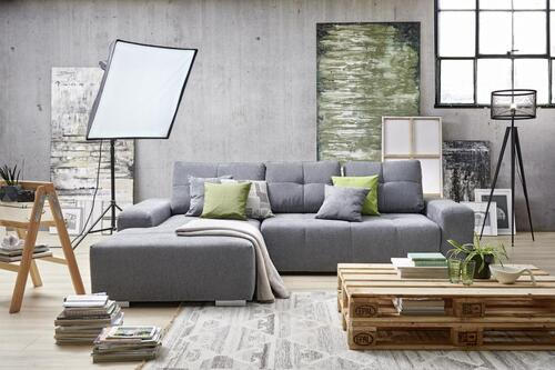 Thumbnail - Carryhome Ecksofa, Blau, Grau, Textil, Uni, 4-Sitzer, Füllung: Schaumstoff, Ottomane links, L-Form, 280x194 cm, Stoffaus...