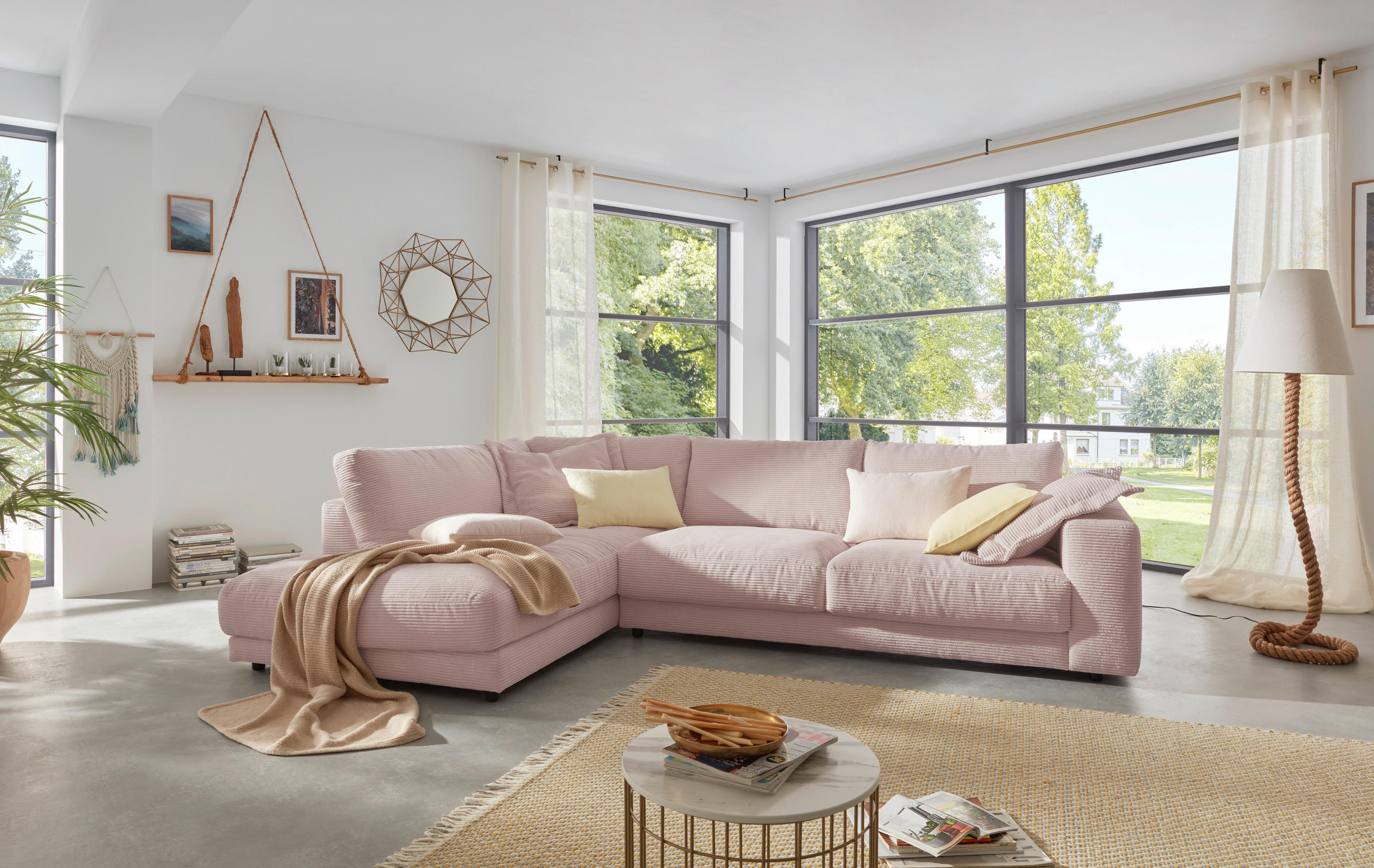 ECKSOFA in Cord Rosa  - Schwarz/Rosa, Design, Kunststoff/Textil (224/325cm) - Hom`in