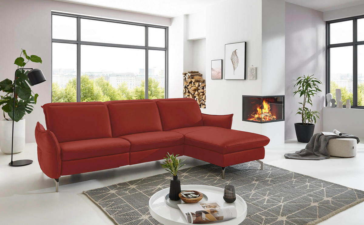 ECKSOFA in Lederlook (vegan) Rot  - Rot/Nickelfarben, Modern, Textil/Metall (263/179cm) - Livetastic