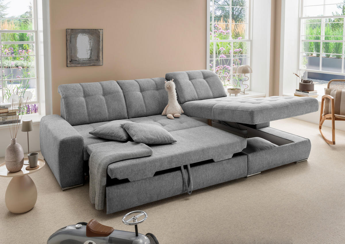 ECKSOFA FRIDO Dunkelgrau Chenille Schlaffunktion, Kopfteilverstellung, Stauraum, Sitztiefenverstellung  - Chromfarben/Dunkelgrau, KONVENTIONELL, Textil/Metall (283/186cm) - Livetastic