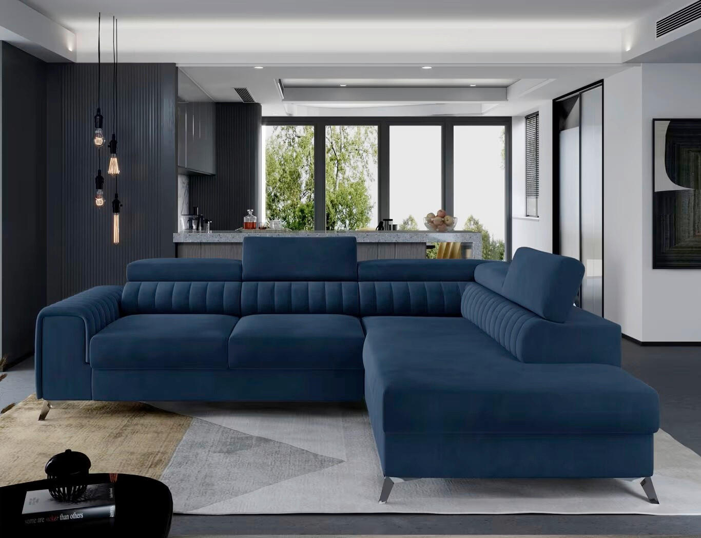 ECKSOFA in Samt Blau  278/205 cm  - Blau/Silberfarben, Design, Textil/Metall (278/205cm) - MID.YOU