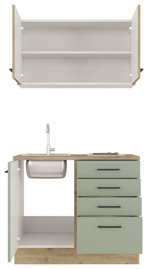 Thumbnail - FlexWell Miniküche, Eiche Artisan, Schilfgrün, Metall, 3 Schublade(n) Schubladen, einmalig seitenverkehrt montierbar, nu...