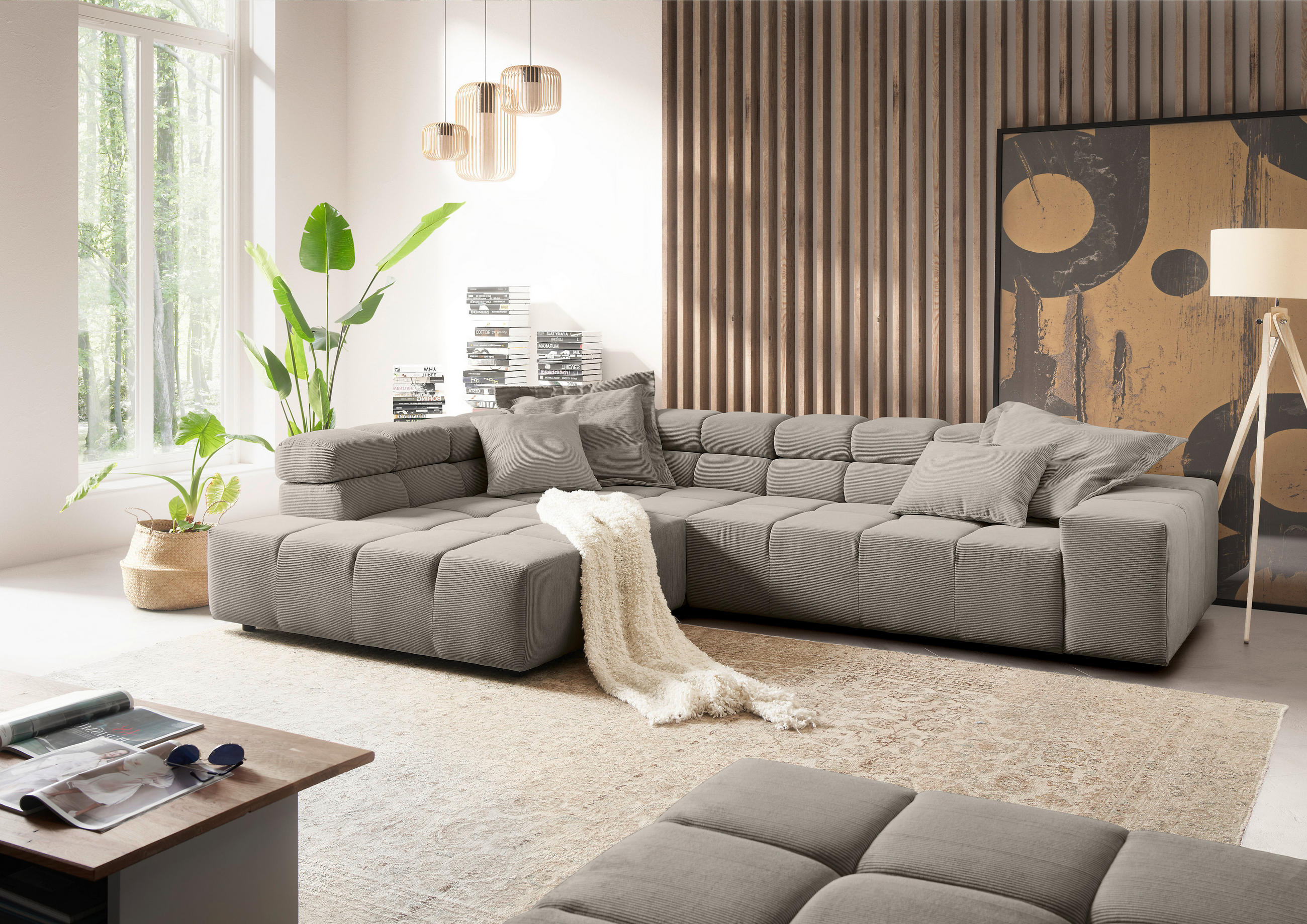 ECKSOFA in Feincord Sandfarben  - Sandfarben/Schwarz, Design, Kunststoff/Textil (215/319cm) - Hom`in