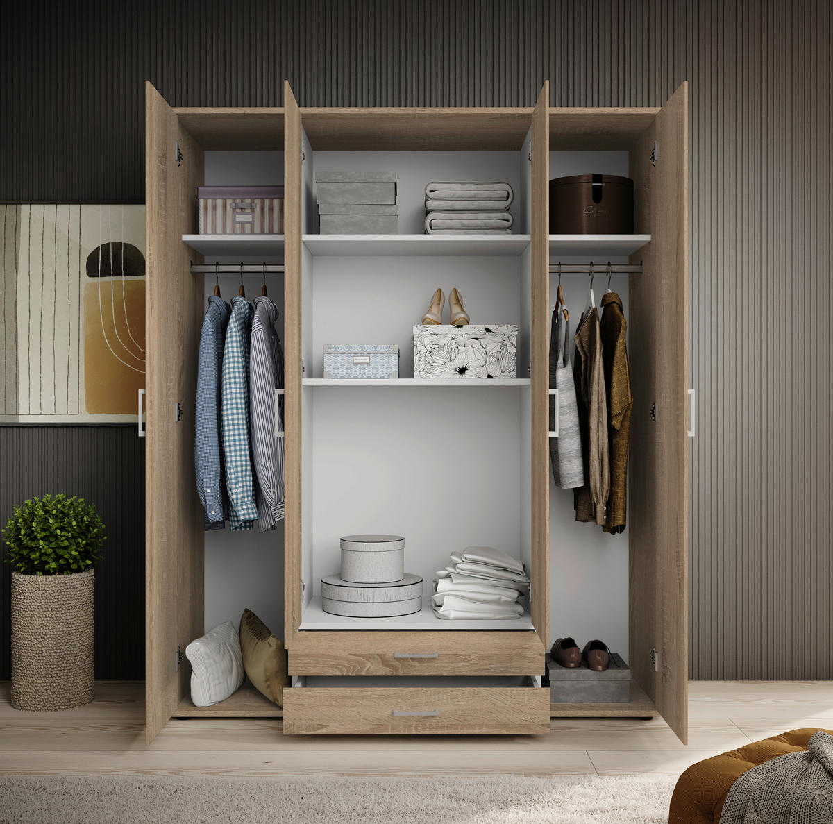 OMARA S KLASIČNIMI VRATI, hrast sonoma  - barve aluminija/hrast sonoma, Basics, umetna masa/steklo (159/196/54cm) - Carryhome