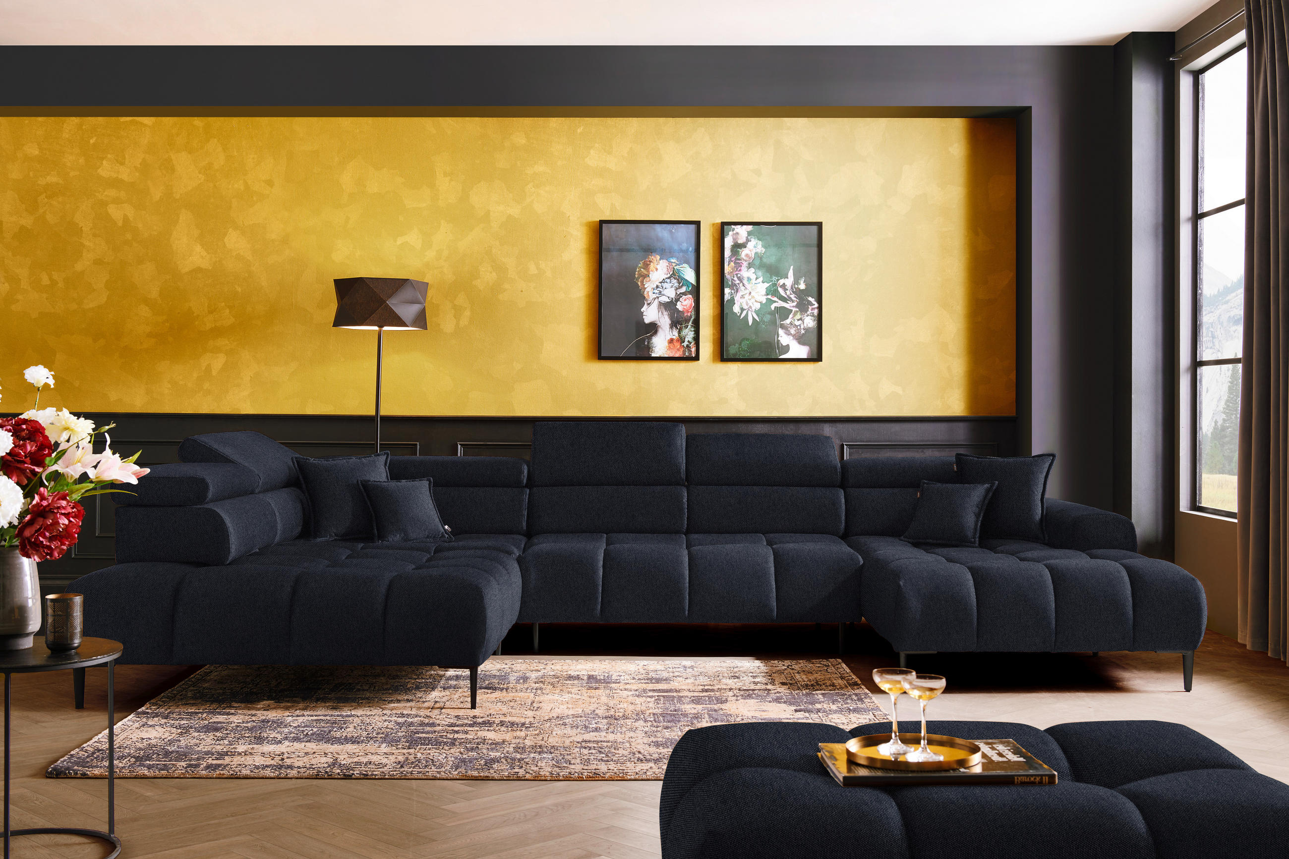 WOHNLANDSCHAFT in Webstoff Schwarz  - Schwarz, Design, Textil/Metall (216/385/177cm) - Welnova