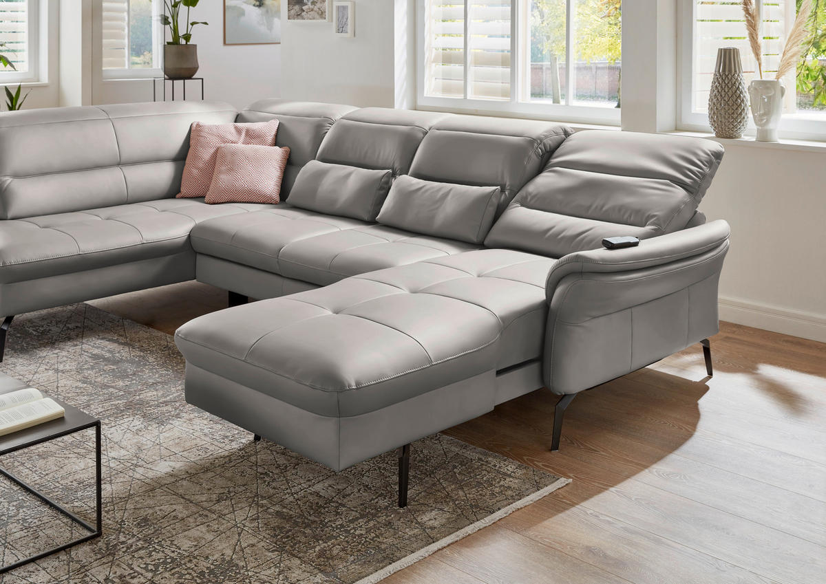 WOHNLANDSCHAFT  in Echtleder Hellgrau  - Hellgrau/Schwarz, Design, Leder/Metall (206/336/181cm) - Beldomo Speed