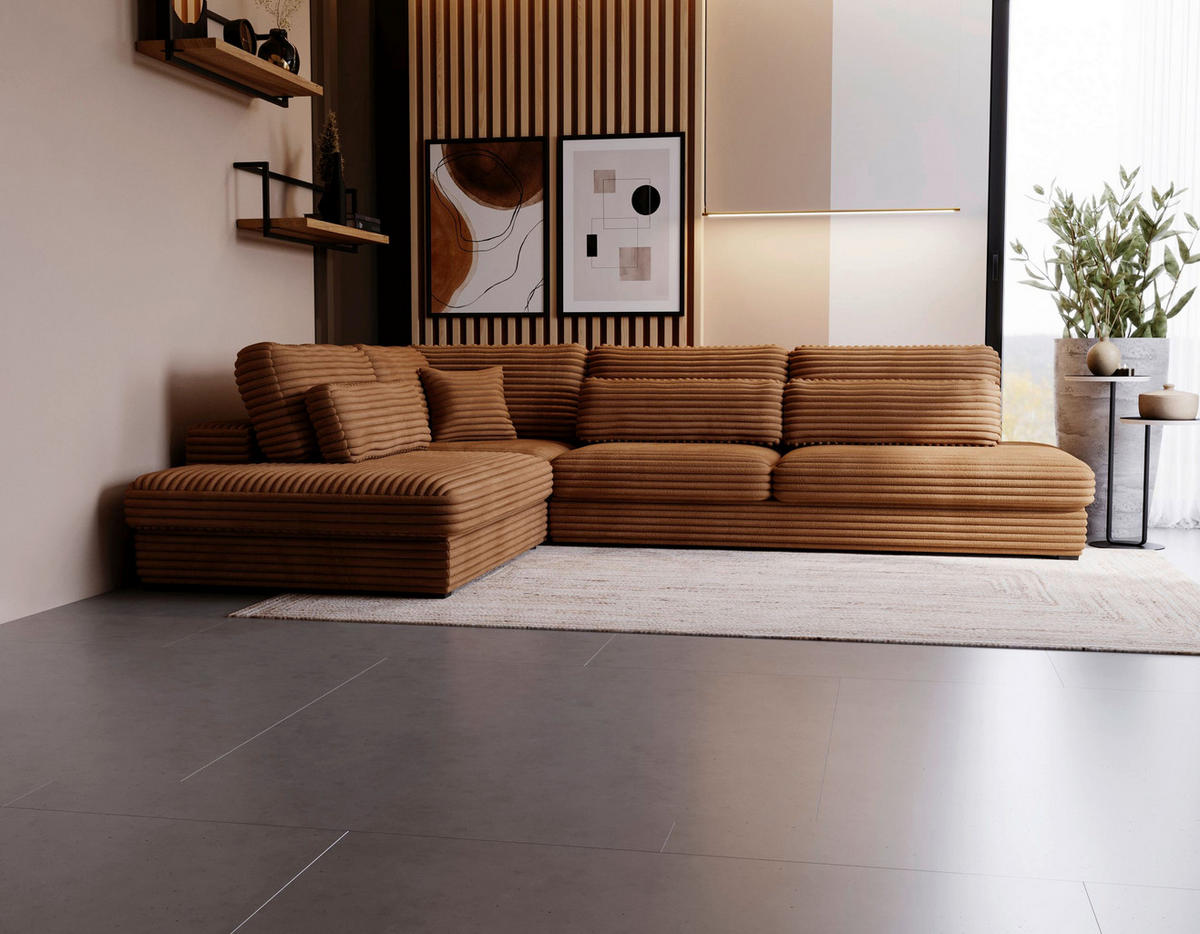 ECKSOFA Rostfarben Cord, Plüsch Zierkissen, Rückenkissen, Nierenkissen  - Rostfarben/Schwarz, Design, Kunststoff/Textil (244/332cm) - Livetastic
