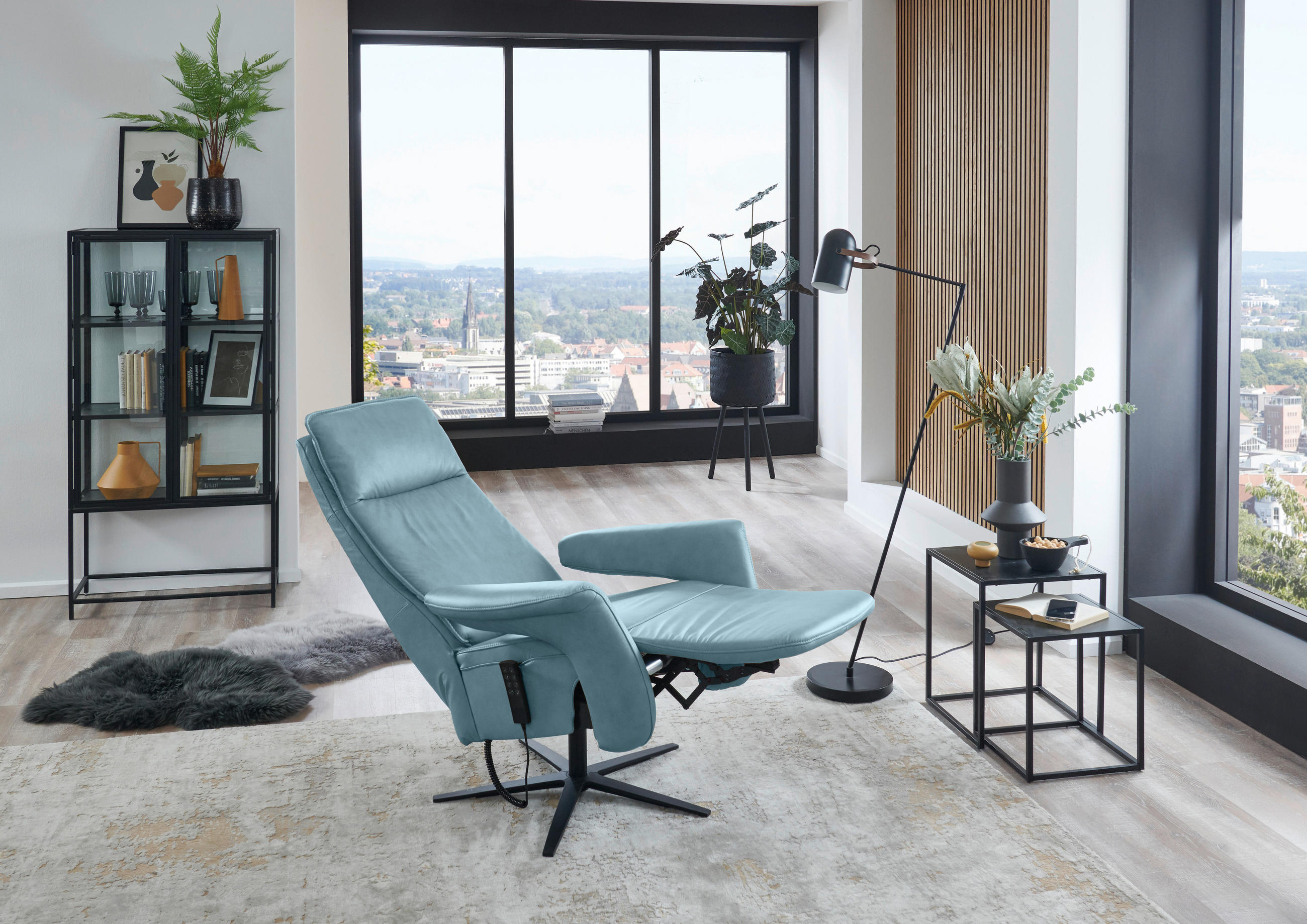 RELAXSESSEL in Leder Blau  - Blau/Schwarz, Design, Leder/Metall (83/123/87cm) - Valdera