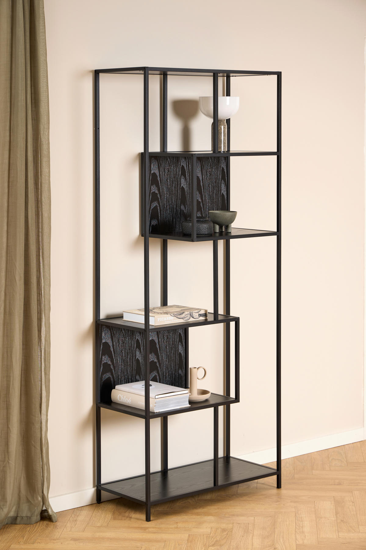 REGAL Schwarz, Eschefarben  - Eschefarben/Schwarz, MODERN, Holzwerkstoff/Metall (77/185/35cm)