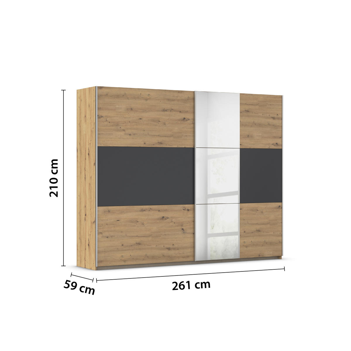 SCHWEBETÜRENSCHRANK 261/210/59 cm 2-türig Grau, Klar, Eiche Artisan  - Klar/Alufarben, KONVENTIONELL, Holzwerkstoff/Metall (261/210/59cm)
