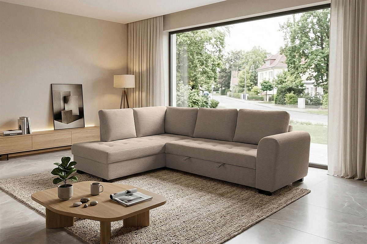 ECKSOFA JOHN Karamell Cord Rückenkissen, Bettkasten, Liegefläche im Originalstoff  - Karamell/Schwarz, Trend, Kunststoff/Textil (178/239cm) - P & B