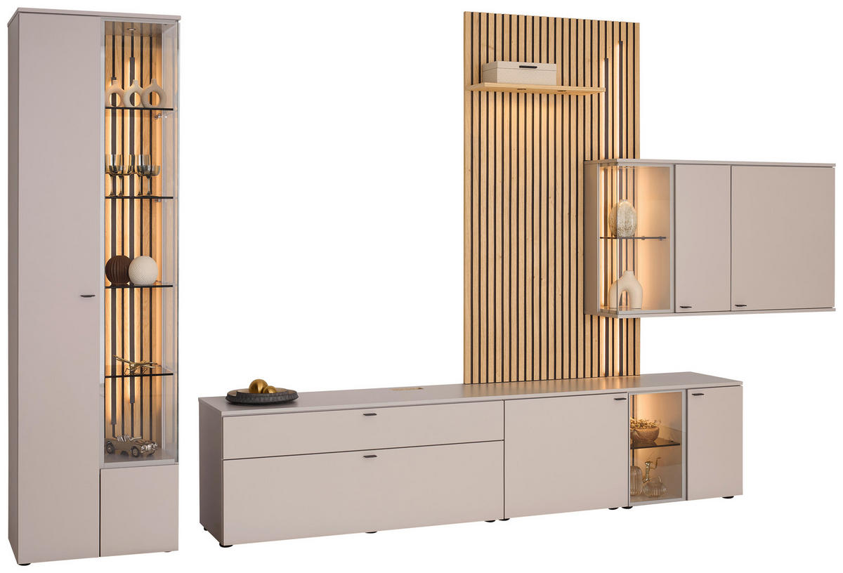 WOHNWAND  Eichefarben, Seidengrau 300/224/43 cm  - Eichefarben/Seidengrau, Design, Glas/Holz (300/224/43cm) - Venjakob