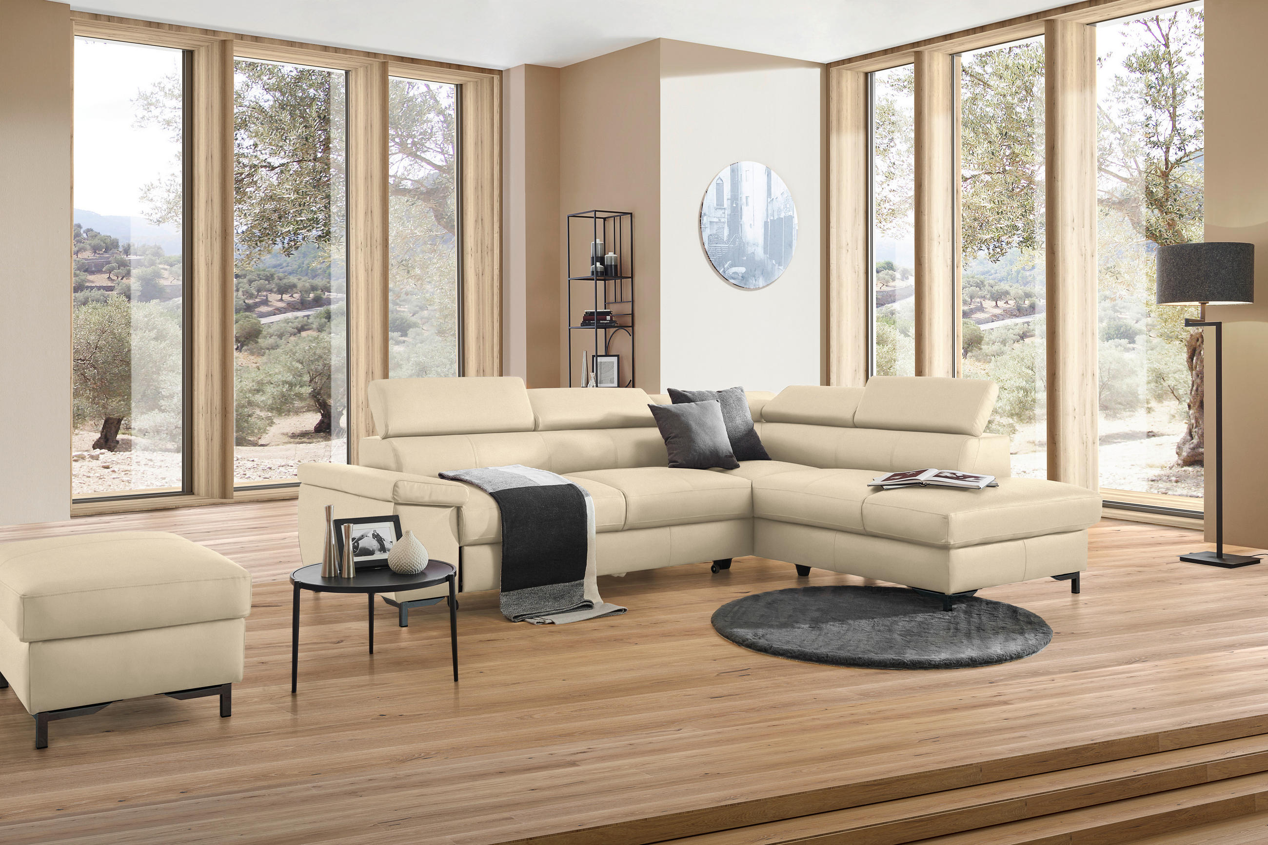 ECKSOFA in Echtleder Ecru  - Ecru/Schwarz, Design, Leder/Metall (268/213cm) - Stylife