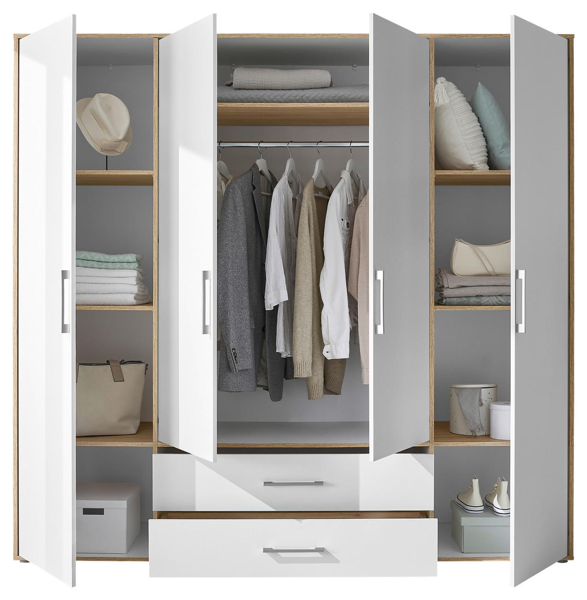 KLEIDERSCHRANK 206/195/60 cm 4-türig Weiß, Eiche Artisan  - Alufarben/Weiß, Basics, Holzwerkstoff/Kunststoff (206/195/60cm)