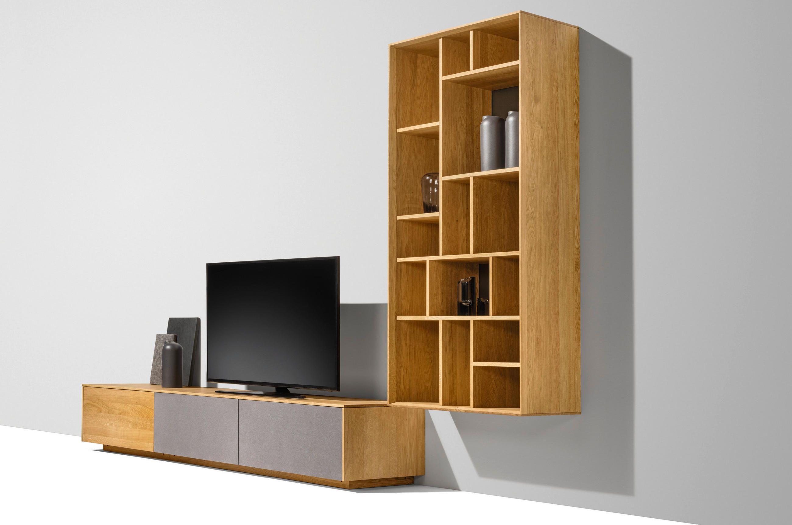WOHNWAND  in Grau, Eichefarben  337,8/192,4/48,3 cm  - Eichefarben/Grau, Design, Glas/Holz (337,8/192,4/48,3cm) - Team 7