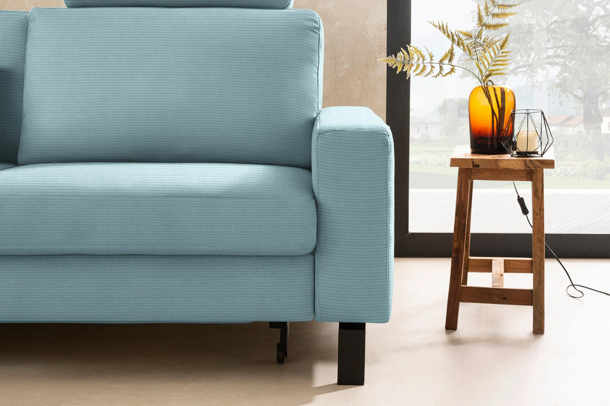 ECKSOFA  in Cord Hellblau Rücken echt, Sitztiefenverstellung  185/298 cm  - Schwarz/Hellblau, Design, Textil/Metall (185/298cm) - Pure Home Lifestyle