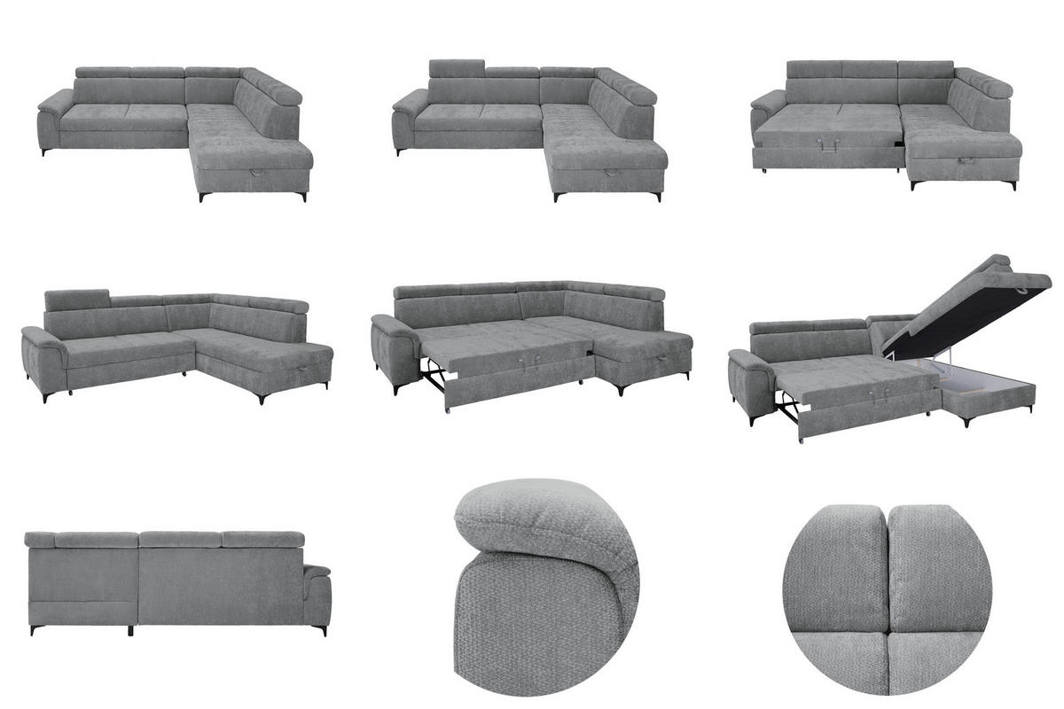 ECKSOFA Dunkelgrau Chenille Bettkasten, Schlaffunktion, Rücken echt, Kopfteilverstellung, Liegefläche im Originalstoff  - Dunkelgrau/Schwarz, KONVENTIONELL, Textil/Metall (265/206cm) - Carryhome
