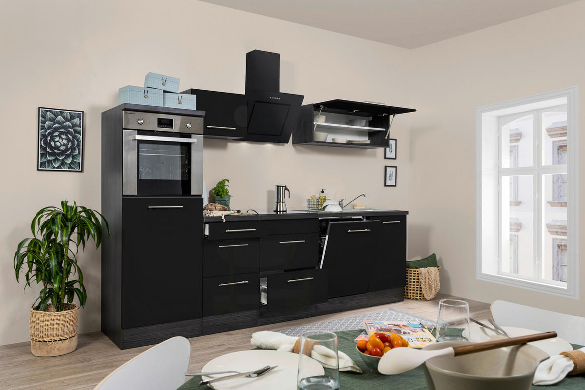 KÜCHENBLOCK 280 cm   in Schwarz, Eichefarben  - Edelstahlfarben/Eichefarben, Basics, Holzwerkstoff/Metall (280cm) - Respekta