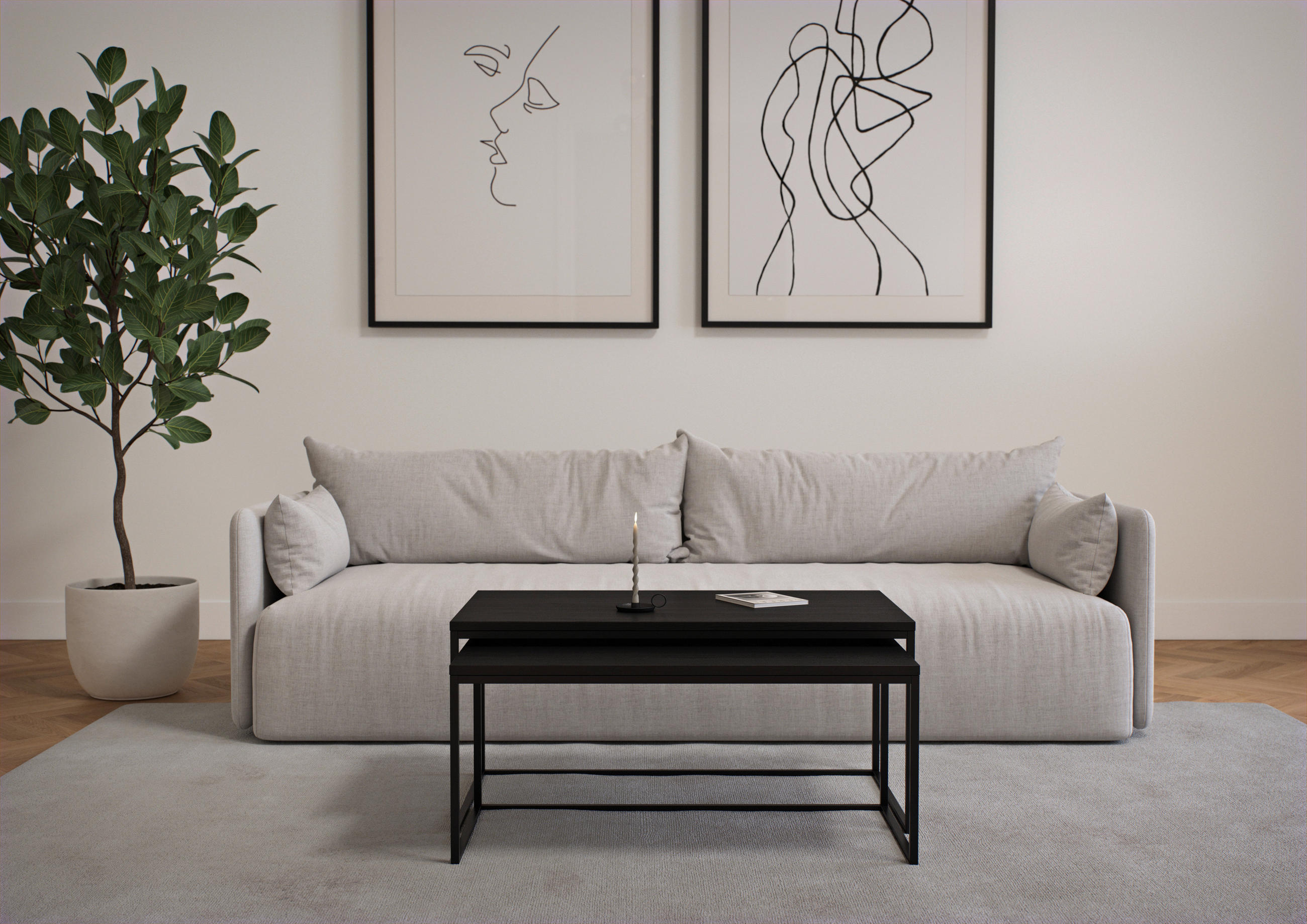 COUCHTISCHSET furniert rechteckig Schwarz, Eschefarben  - Eschefarben/Schwarz, Design, Holzwerkstoff/Metall (95-100/36,8-41,8/50-60cm)