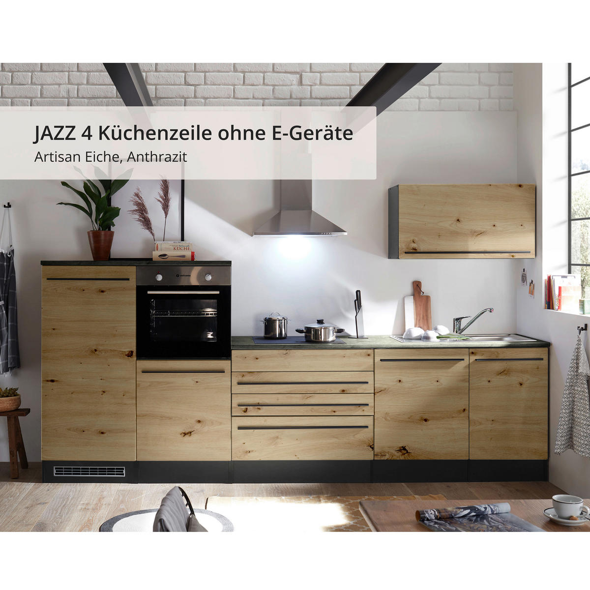KÜCHENBLOCK 320 cm   in Anthrazit, Eiche Artisan  - Anthrazit/Schwarz, Basics, Holzwerkstoff/Kunststoff (320cm) - MID.YOU
