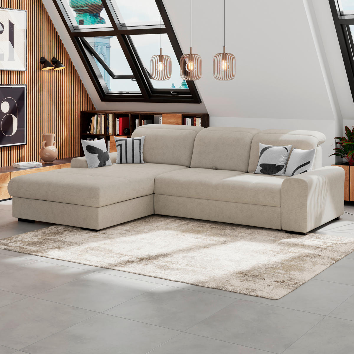 ECKSOFA Chenille Hellgrau  - Hellgrau/Schwarz, Konventionell, Holz/Textil (203/286cm) - MID.YOU