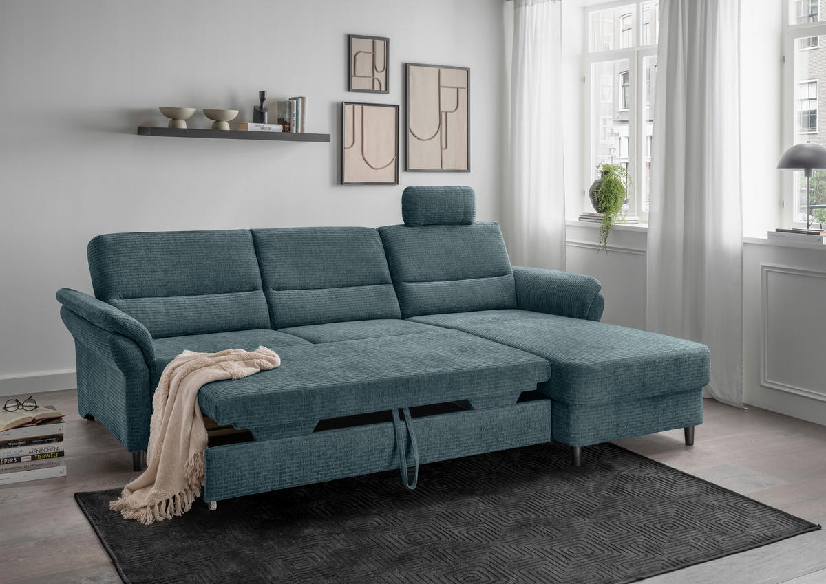 ECKSOFA Blau Mikrofaser  - Blau/Schwarz, MODERN, Holz/Textil (279/176cm) - Livetastic