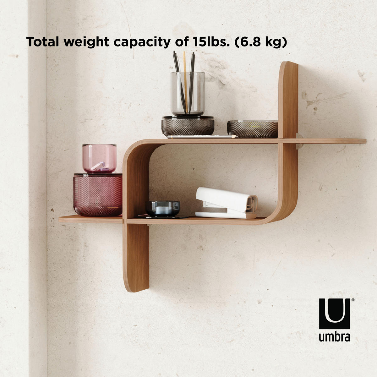 WANDREGAL  - Walnussfarben, Design, Holz (15,2/46,9/52,2cm) - Umbra